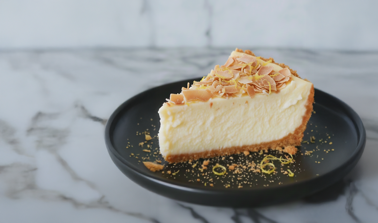 Slice of coconut lemon cake topped with coconut flakes on a plate