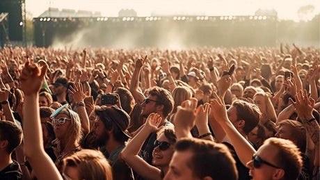 Grote menigte bij openluchtconcert met handen in de lucht.