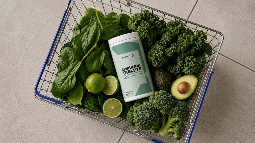 Basket of green superfoods including spinach, kale, broccoli, avocado and lime, with a tub of Body&Fit Spirulina Tablets