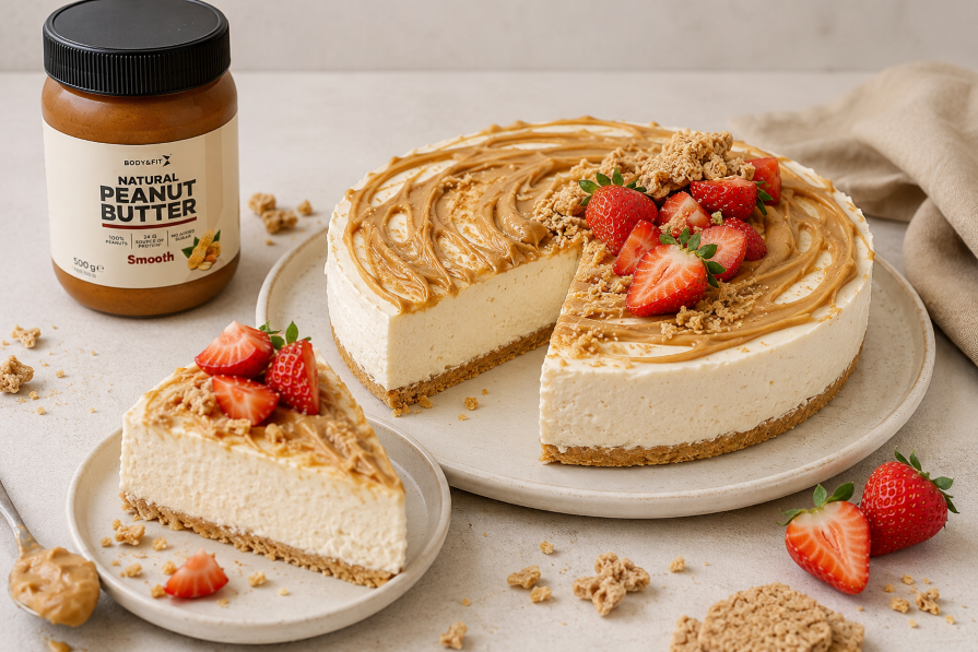 Cheesecake protéiné sans cuisson avec tourbillon de beurre de cacahuète, fraises fraîches et base croustillante, servi à côté d’un pot de Body&Fit Natural Peanut Butter.  DE