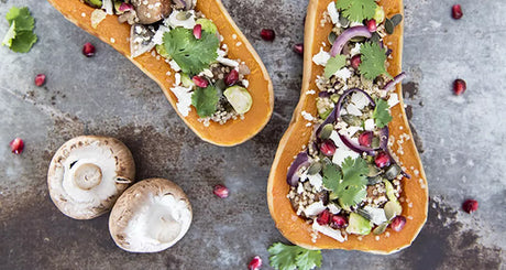 Stuffed butternut squash with quinoa, mushrooms, and pomegranate seeds
.