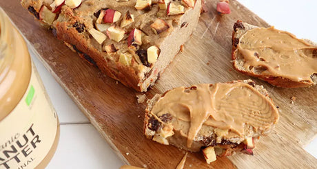 Apple protein bread with peanut butter spread.